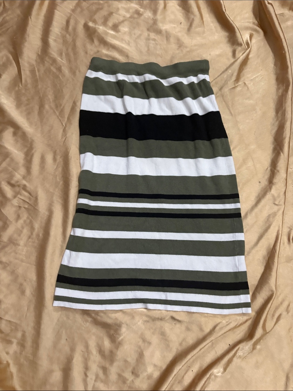 Striped Olive Green, White & Black Knit Skirt